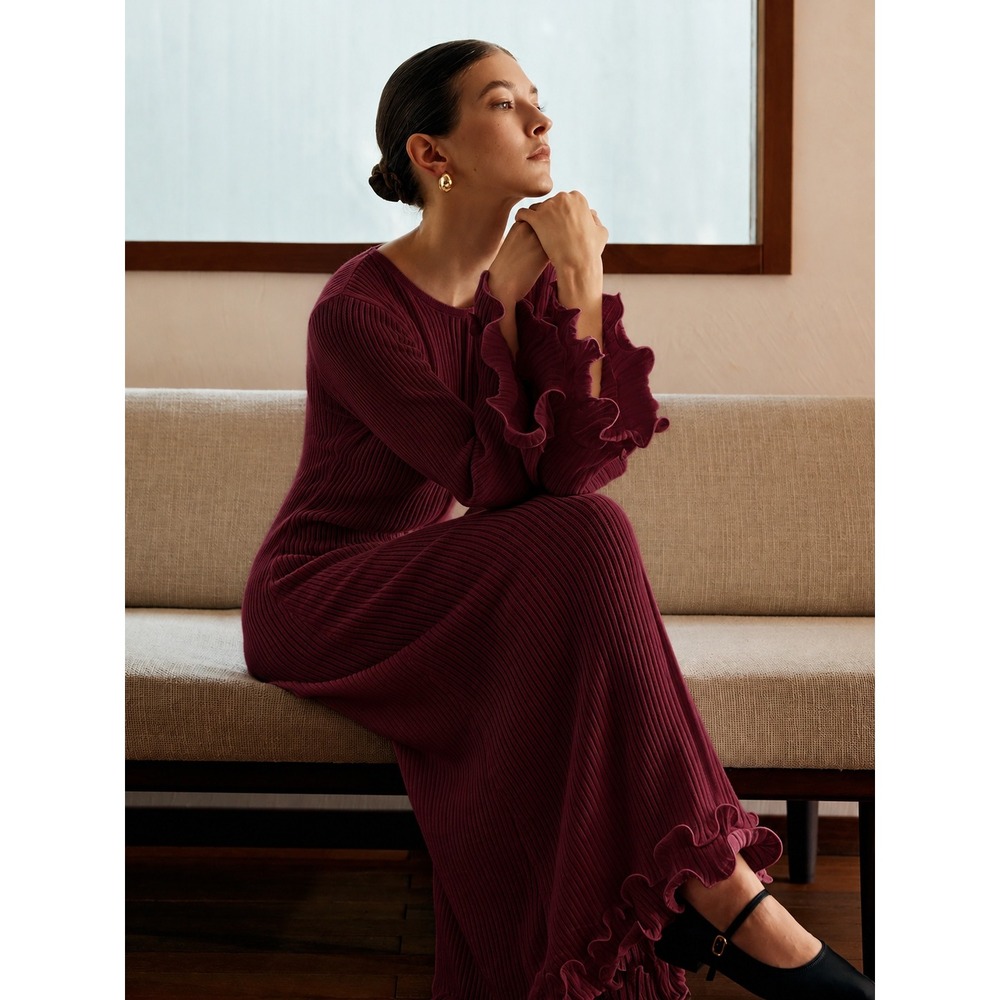 COMMENSE Burgundy Semi Sheer Ruffle Ribbed Knit Long Sleeve Maxi Dress Size XL